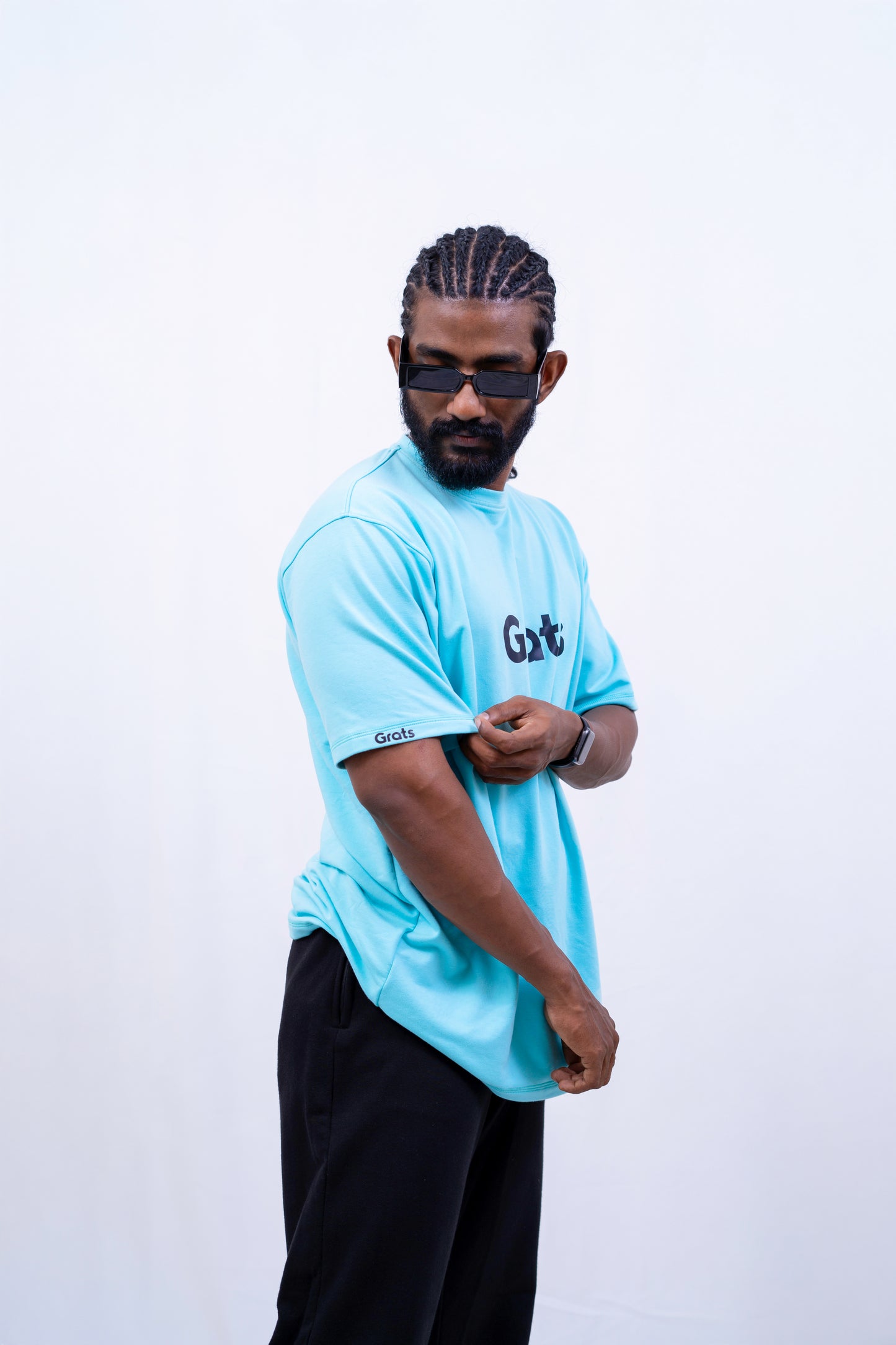 G Rats Oversized Crew Neck Tee - Sky Blue -Spandex Rib Knit -Unisex