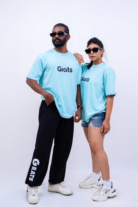 G Rats Oversized Crew Neck Tee - Sky Blue -Spandex Rib Knit -Unisex